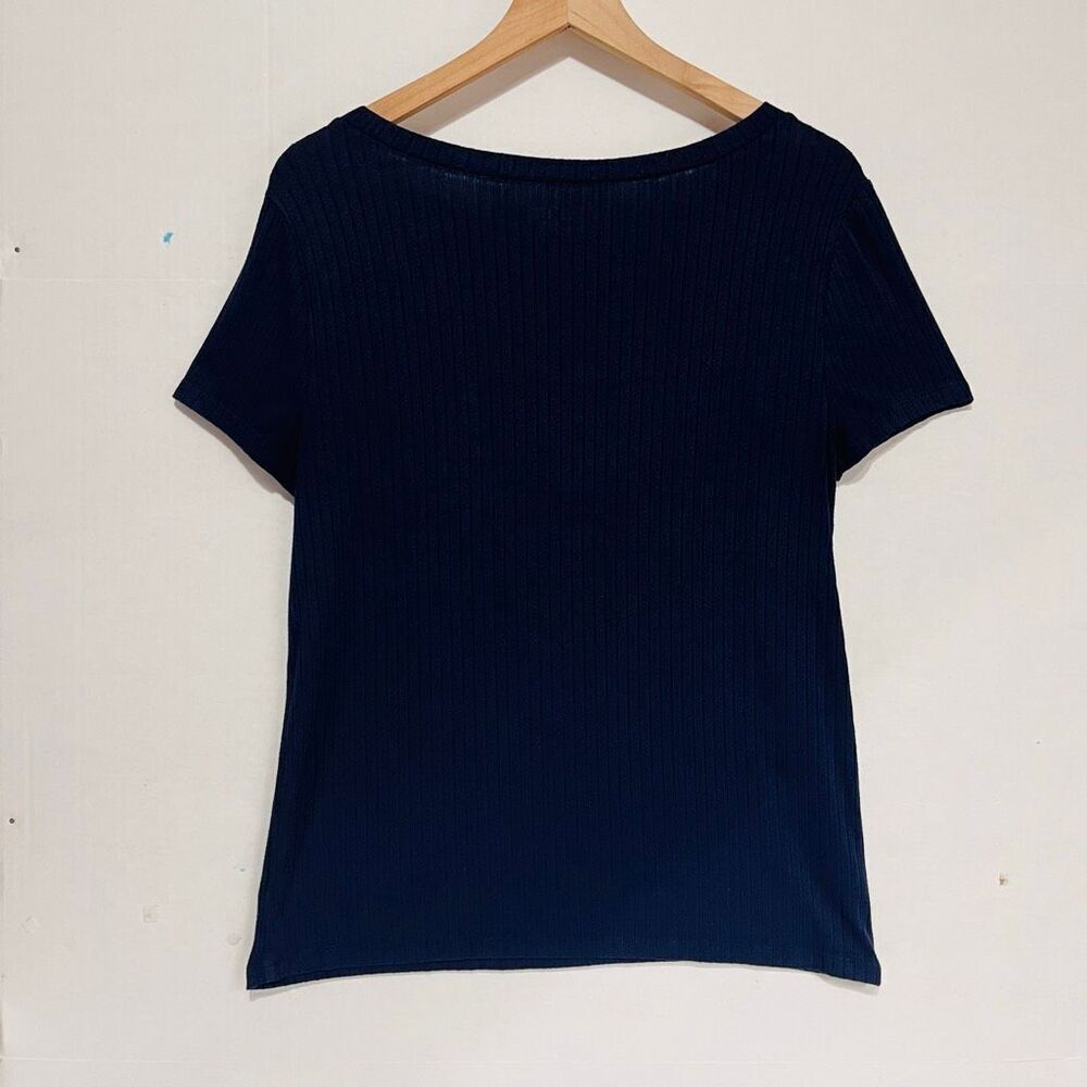 Loft Outlet Petite Navy Ribbed Tee With Ruffle Size LP - Picture 2 of 4